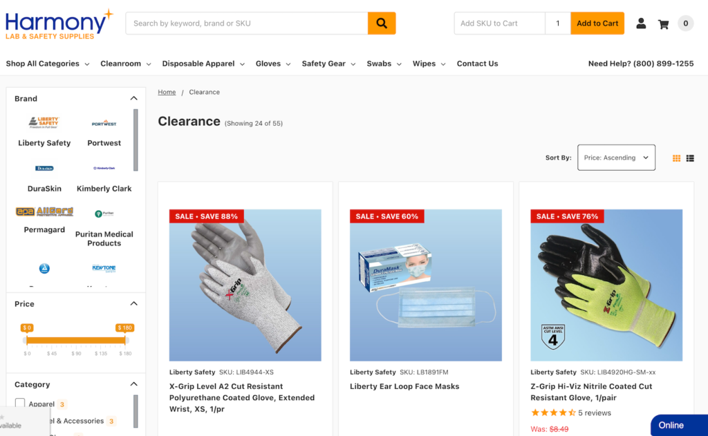 screenshot of excess inventory for harmony clearance and overstock page